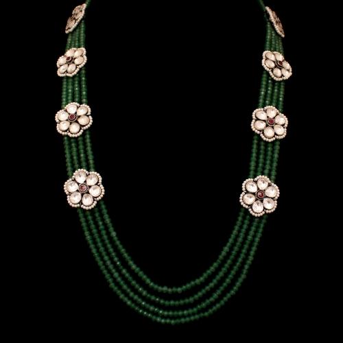 KUNDAN STONE NECKLACE WITH GREEN HYDRO AND PEARL BEADS