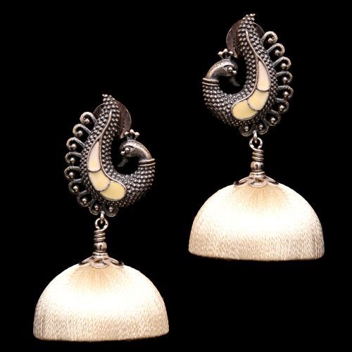 OXIDIZED SILVER PEACOCK THREAD JHUMKA EARRINGS
