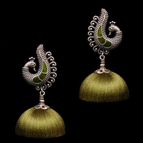 OXIDIZED SILVER PEACOCK THREAD JHUMKA EARRINGS