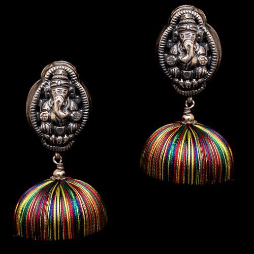 OXIDIZED SILVER GANESHA THREAD JHUMKA EARRINGS