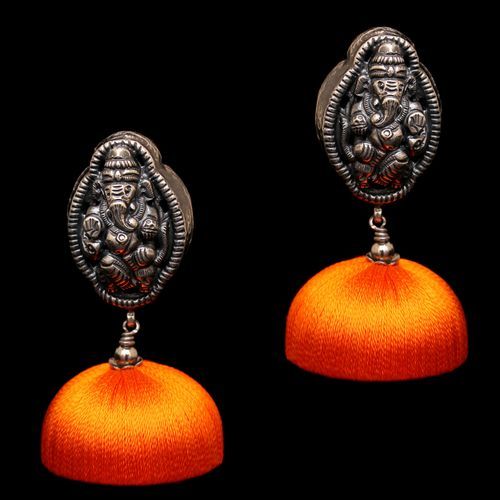 OXIDIZED SILVER GANESHA THREAD JHUMKA EARRINGS