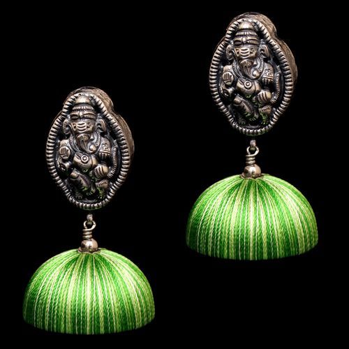 OXIDIZED SILVER GANESHA THREAD JHUMKA EARRINGS