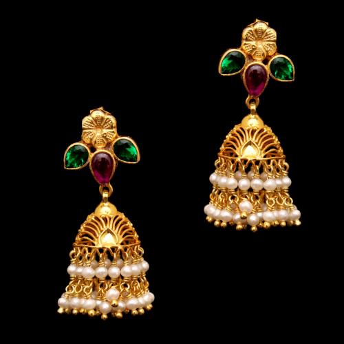 GOLD PLATED  RED WITH GREEN HYDRO AND PEARL DROPS JHUMKA EARRINGS