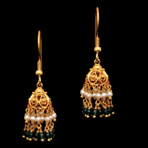 GOLD PLATED TURQUOISE AND PEARL BEAD HANGING JHUMKAS