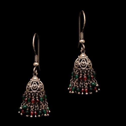 OXIDIZED SILVER GARNET AND GREEN HYDRO BEAD HANGING JHUMKAS