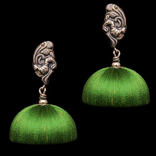 OXIDIZED SILVER PEACOCK THREAD JHUMKA EARRINGS