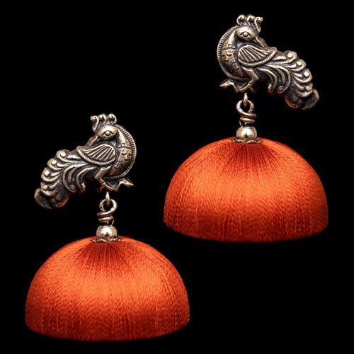 OXIDIZED SILVER PEACOCK THREAD JHUMKA EARRINGS
