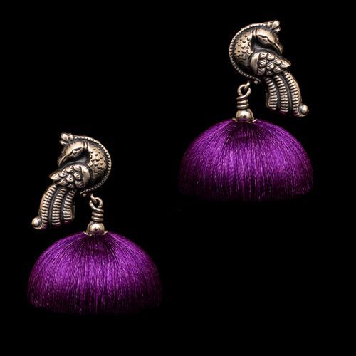OXIDIZED SILVER PEACOCK THREAD JHUMKA EARRINGS