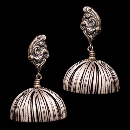 OXIDIZED SILVER PEACOCK THREAD JHUMKA EARRINGS