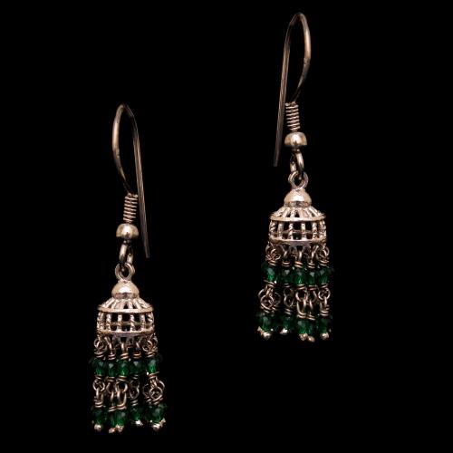 OXIDIZED SILVER RED GREEN HYDRO BEADS AND TURQUOISE HANGING JHUMKAS EARRING