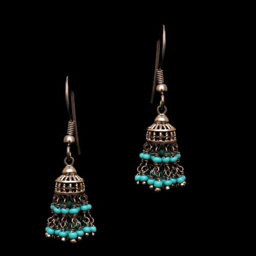 OXIDIZED SILVER TURQUOISE HANGING JHUMKAS EARRING