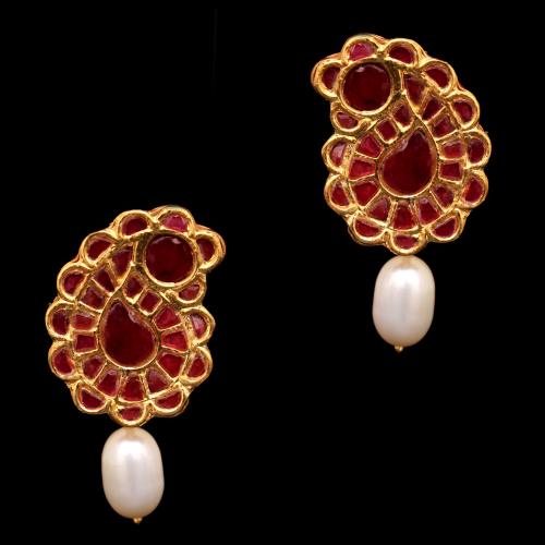 GOLD PLATED KUNDAN  AND PEARL BEADS DROPS EARRINGS
