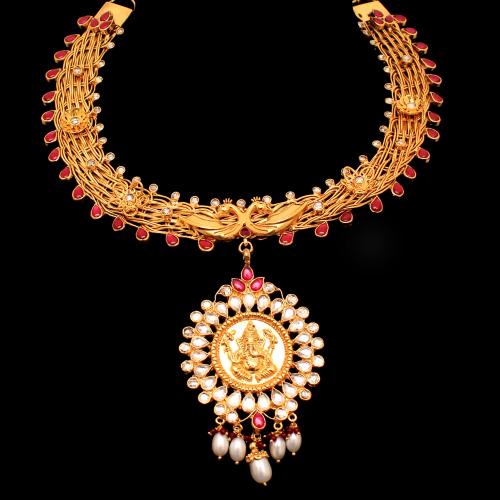 GOLD PLATED GANESHA AND PEACOCK CZ WITH PEARL AND KUNDAN NECKLACE