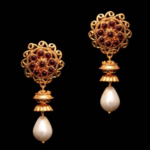 Silver Gold Plated Fancy Design Earring Jhumka Studded Red Onyx And Pearl Beats