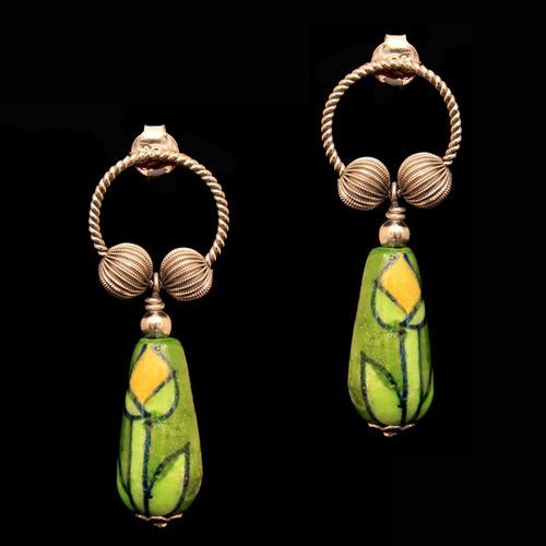 BLUE POTTERY LEAF DROPS EARRING