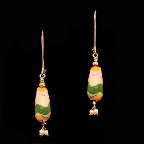 SILVER BULE POTTERY HANGING EARRINGS WITH PEARL