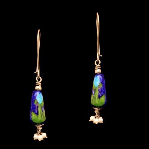 SILVER BULE POTTERY HANGING EARRINGS WITH PEARL