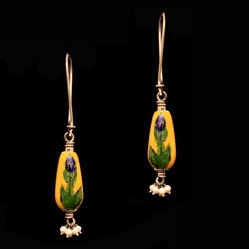 SILVER BULE POTTERY HANGING EARRINGS WITH PEARL