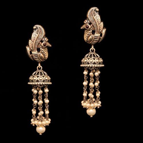 OXIDIZED SILVER PEACOCK RED COURNDUM AND PEARL BEADS JHUMKAS EARRINGS