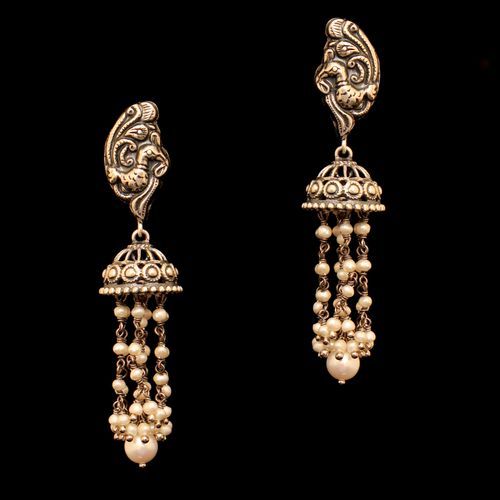 OXIDIZED SILVER PEACOCK PEARL BEADS JHUMKAS EARRINGS