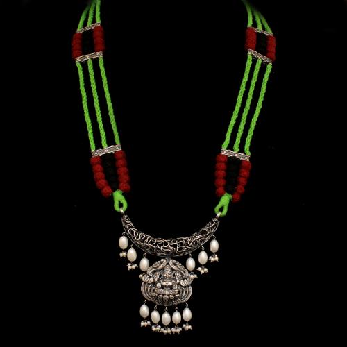 OXIDIZED SILVER LAKSHMI NAKASH AND PEARL BEADS THREAD NECKLACE