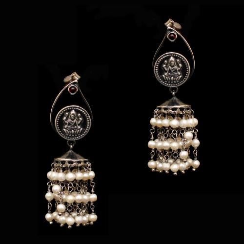 OXIDIZED SILVER LAKSHMI COIN DROPS WITH PEARL BEADS