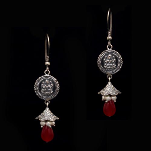 OXIDIZED SILVER LAKSHMI COIN HANGING JHUMKAS WITH PEARL AND RED CORUNDUM