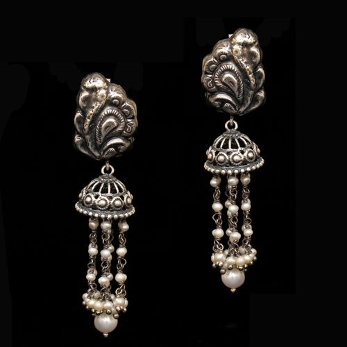 OXIDIZED SILVER PEACOCK NAKASH WITH PEARL BEADS