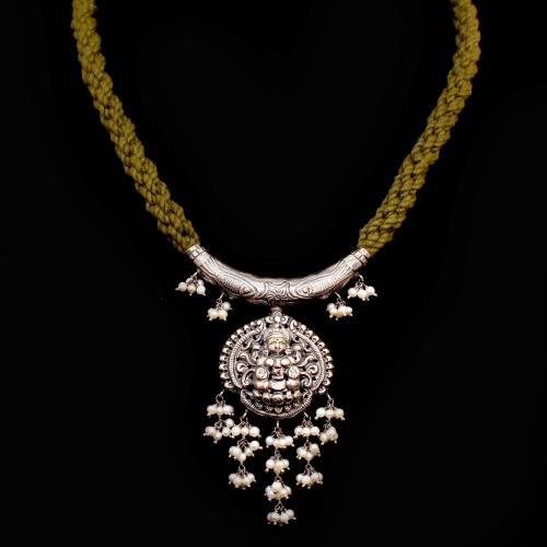 OXIDIZED SILVER LAKSHMI NAKASH THREAD NECKLACE WITH PEARL BEADS