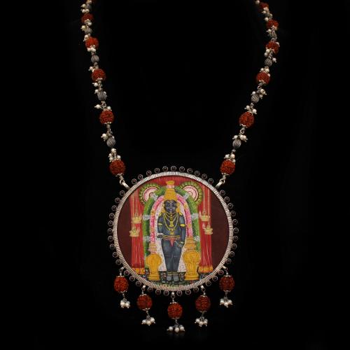 OXIDIZED SILVER HAND PAINTED LORD GURUVAYURAPPAN NECKLACE WITH RUDHRAKSH AND PEARL BEADS