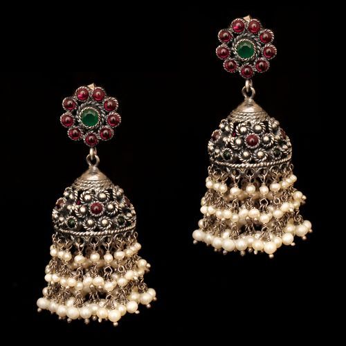 OXIDIZED SILVER JHUMKAS WITH RED CORUNDUM AND GREEN HYDRO WITH PEARL BEADS