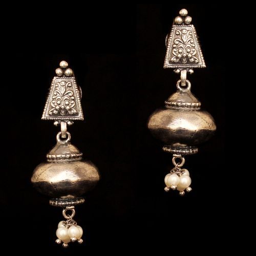 OXIDIZED SILVER PEARL BEADS DROPS EARRINGS