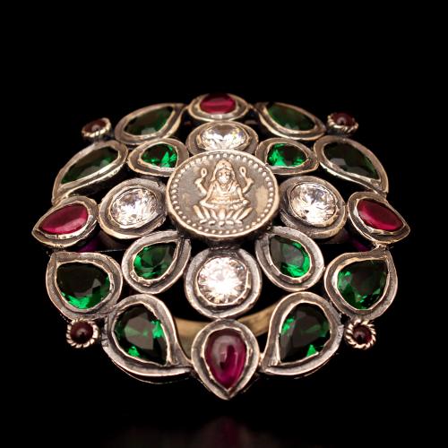 OXIDIZED SILVER LAKSHMI CZ AND RED CORUNDUM AND GREEN HYDRO RING