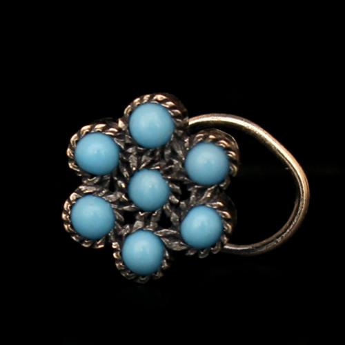 OXIDIZED SILVER FLORAL NOSE PIN WITH TOURQUOISE STONE