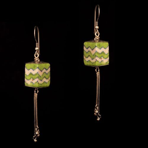 STERLING SILVER BLUE POTTERY HANGING EARRINGS