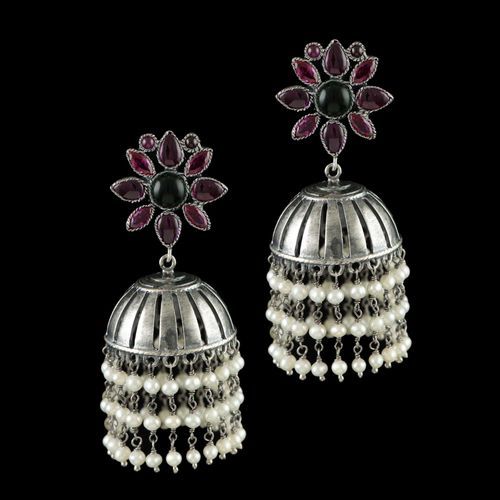 OXIDIZED SILVER JHUMKA WITH PERALS RED AND GREEN ONYX STONES