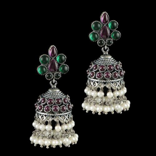 OXIDIZED SILVER JHUMKA WITH PERALS RED AND GREEN ONYX STONES