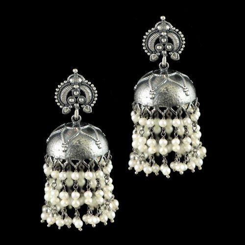 OXIDIZED SILVER JHUMKA WITH PERALS BEADS