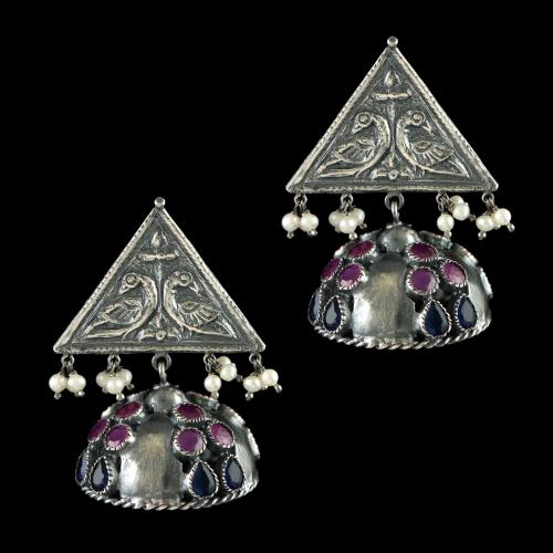 OXIDIZED SILVER JHUMKA WITH PERALS RED AND BLUE ONYX STONES