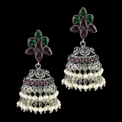OXIDIZED SILVER JHUMKA WITH PERALS RED AND GREEN ONYX STONES