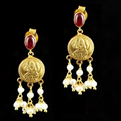 GOLD PLATED RED CORUNDUM AND PEARL BEADS LAKSHMI DROPS EARRINGS