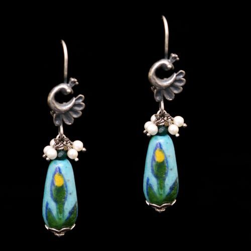 OXIDIZED SILVER BLUE POTTERY EARRINGS