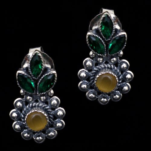 OXIDIZED SILVER GREEN CORUNDUM AND ONYX EARRINGS