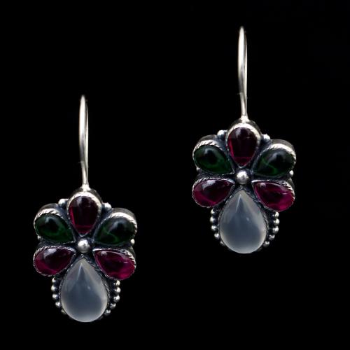 OXIDIZED SILVER RED AND GREEN CORUNDUM WITH ONYX  EARRINGS