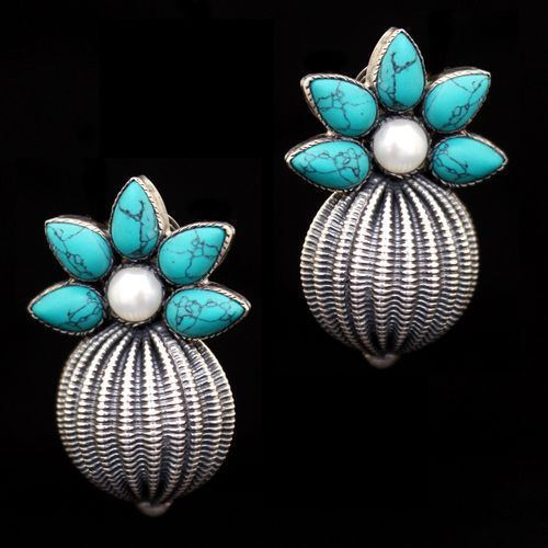 OXIDIZED SILVER TURQUOISE AND PEARL BEADS EARRINGS