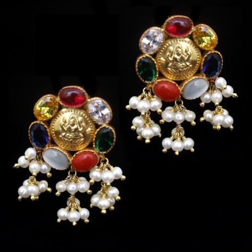 GOLD PLATED PEARL BEADS LAKSHMI COIN EARRINGS