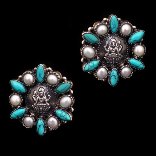 OXIDIZED SILVER TURQUOISE AND PEARL BEADS EARRINGS
