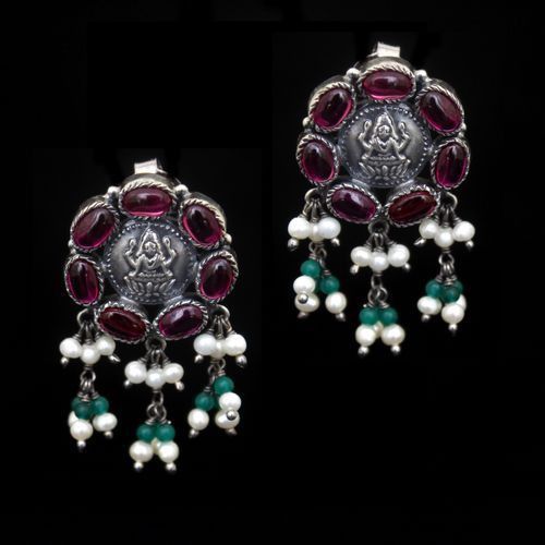OXIDIZED SILVER PEARL BEADS LAKSHMI COIN EARRINGS