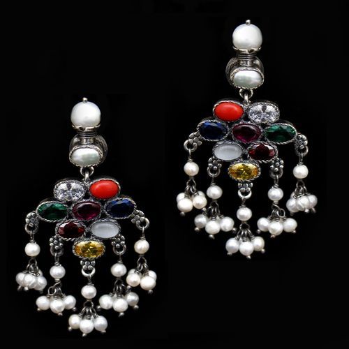 OXIDIZED SILVER NAVARATNA AND PEARL BEADS EARRINGS