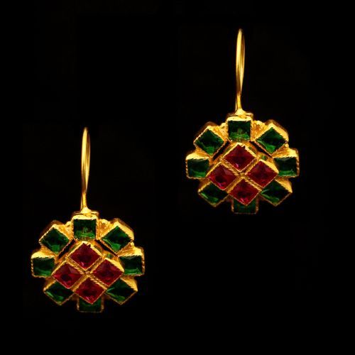 GOLD PLATED RED AND GREEN CORUNDUM EARRINGS